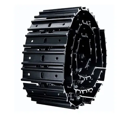 Montáž ocelových pásových bot pro stavební stroje